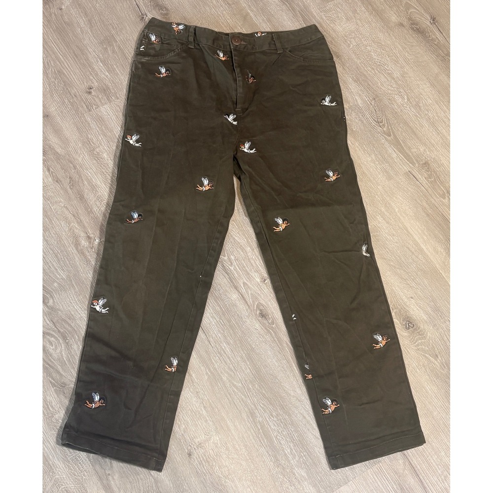 Hot Lava Olive Brown Cherub Angel Embroidered Pants Womens XL Y2K Street